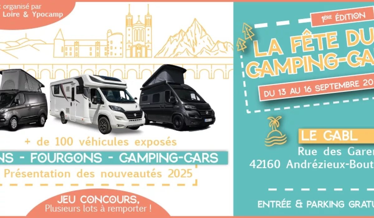 1e Edition La fête du Camping- Car à Andrézieux Bouthéon dans la Loire Amis voyageurs, nous vous donnons rendez-vous du 13 au 16 septembre dans le hall d'exposition du C.A.B.L. (Complexe d'Animation des Bords de Loire) à Andrézieux-Bouthéon (42) pour 4 jours de fête du Camping-Car. Plus de 100 véhicules sont exposés : Camping-cars, vans et fourgons aménagés pour vous accompagner dans vos futurs projets de voyages.